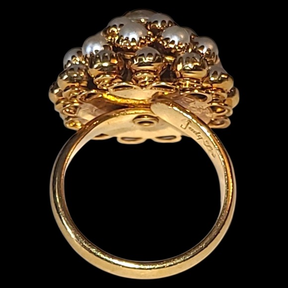 Vintage Judy Lee Faux Pearl Cluster Cocktail Ring Gold Tone Adjustable - Picture 3 of 5